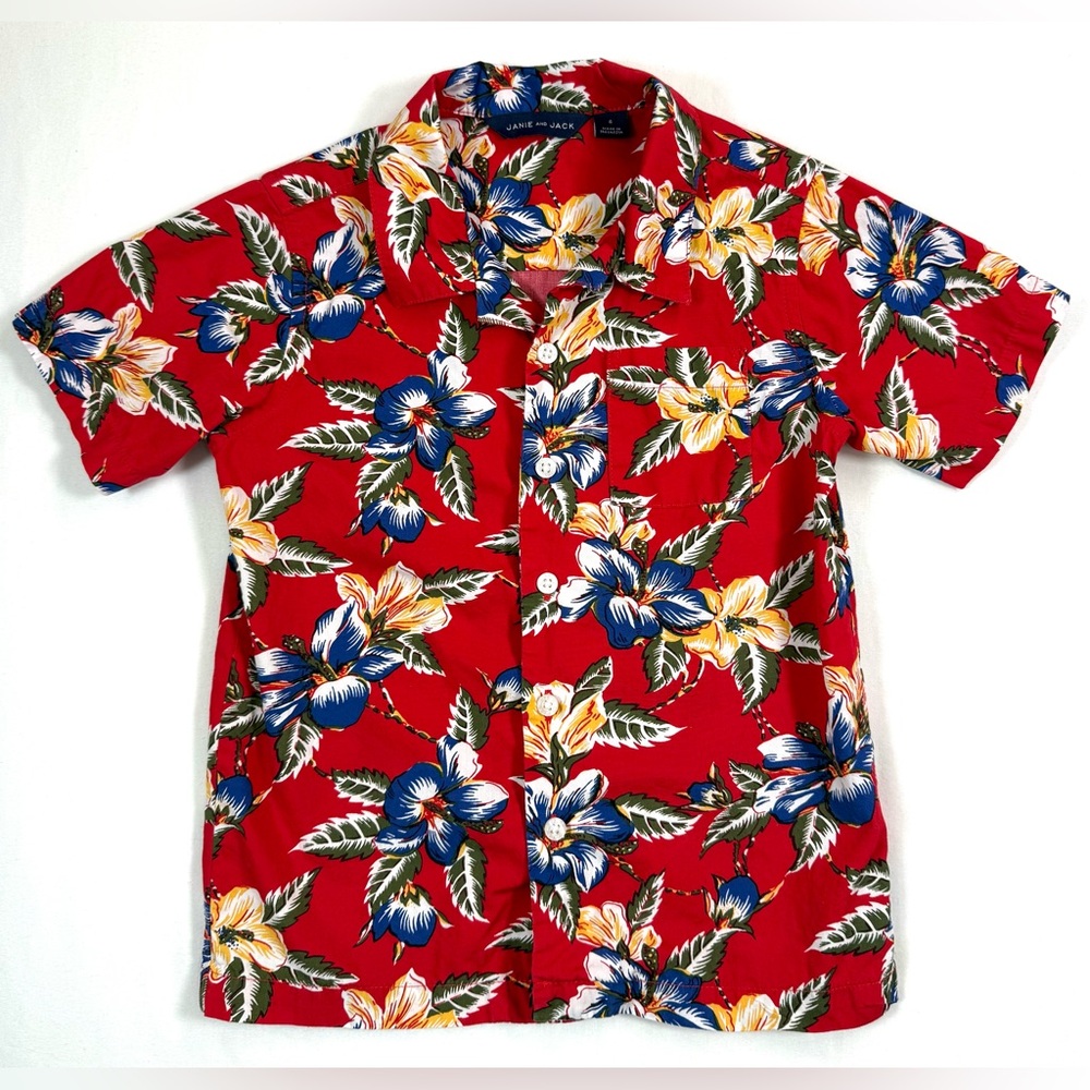 JANIE & JACK Boys Short Sleeve Hawaiian Shirt 4 Tropical Floral Cabana Island